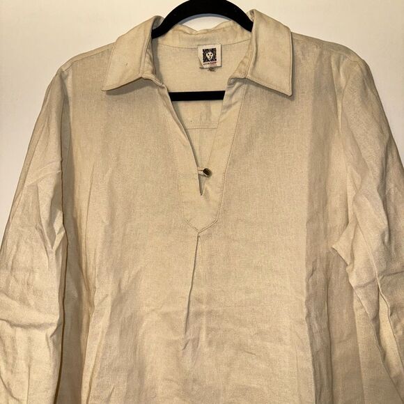 Anne Klein XL Linen Beige Sparkle V Neck Collared Pullover Blouse NWOT - Picture 3 of 13